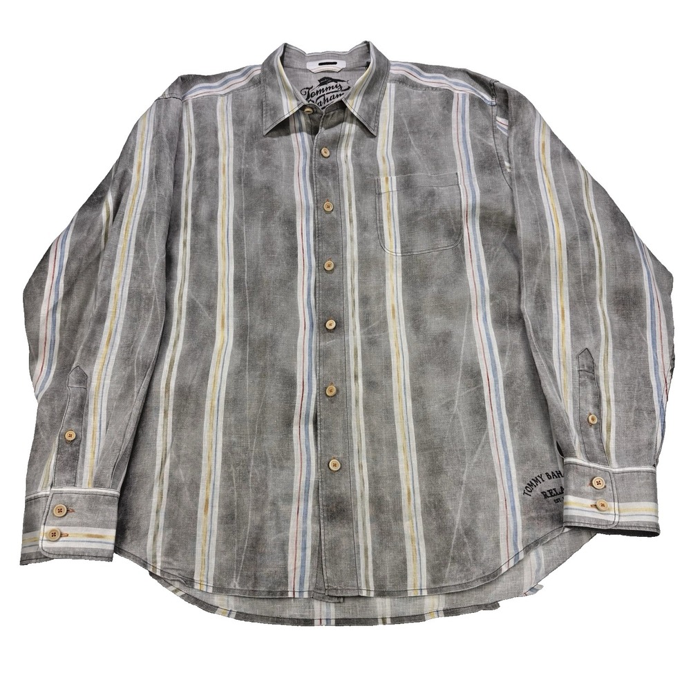 Tommy Bahama Relax 100% Linen Button Shirt Mens XL Gray Striped Long-Sleeve